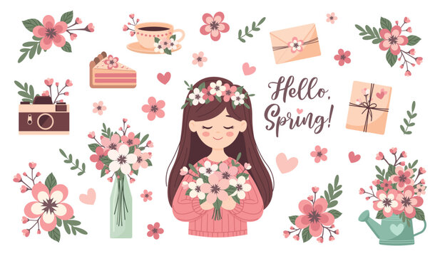 Hello spring sakura flowers set with girl, giftboxes, watering can, vase, jar, cup, cake, camera