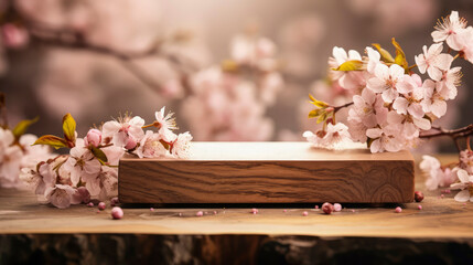 Modern rectangular wooden empty podium for cosmetic or product on pink blurred background with cherry sakura blossoms. Advertisement, 3d, award luxury, gentle illumination, blurred shadow. Copy space