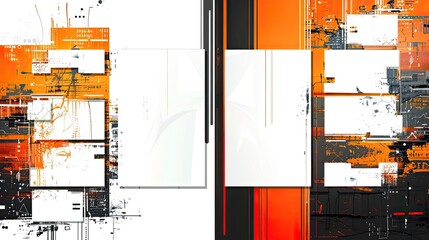 Four white squares of equal size arranged horizontally, with abstract cyber figures in the background. Color palette: orange, white, black, chrome. Bold outlines, maximum detail