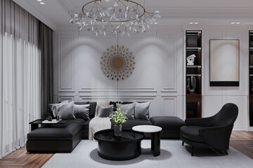 Elegant living room interior design with a modern black sofa against the eucalyptus wall.