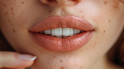 Naklejka premium Close Up of Womans Face With Freckles on Lips