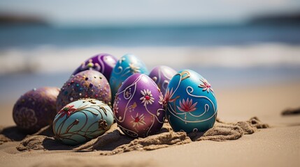 colorful easter eggs on the beach in easter holidays