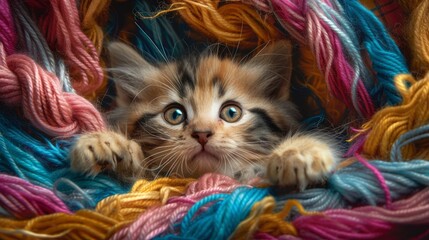 Adorable Tabby Kitten Playing Among Colorful Yarn Threads