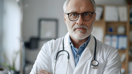 Portrait of mature doctor with eyeglasses - obrazy, fototapety, plakaty