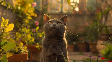 Serene British Shorthair Cat in Sunlit Garden - obrazy, fototapety, plakaty