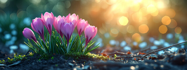 Spring Blooming: Vector Illustration of Crocus with Bokeh Background and Sun Rays.