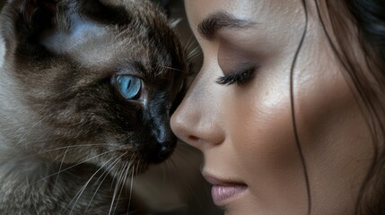 Intimate Portrait of Young Woman with Siamese Cat Close Up