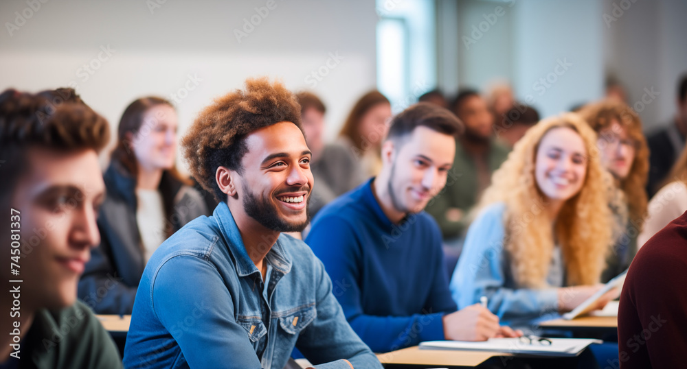 Wall mural a diverse group students in a classroom setting, all appearing engaged and happy. a young man with a