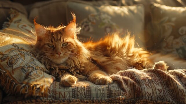 Warm Sunlight Bathing a Fluffy Ginger Cat Resting on a Couch