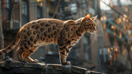 Majestic Bengal Cat Strolling on Rustic Stone Wall Outdoors