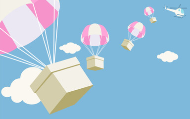 Box falling with parachute. Airdrop concept design, box fall from the helicopter.   - obrazy, fototapety, plakaty