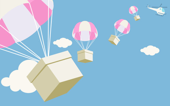 Box falling with parachute. Airdrop concept design, box fall from the helicopter.  