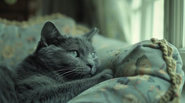 Serene Grey Cat Lounging on a Patterned Couch Indoors