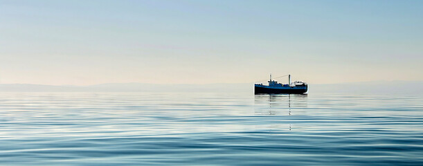 Serene seascape with cargo ship at dawn - obrazy, fototapety, plakaty