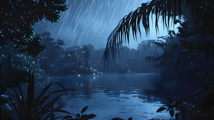 Rainy night time setting in the amazon rain forest - obrazy, fototapety, plakaty