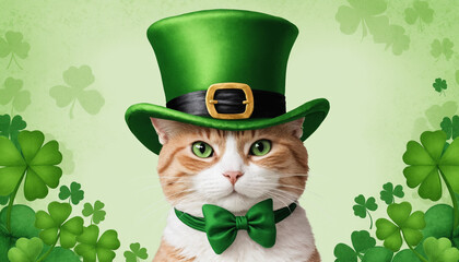 A cat leprechaun wearing a green hat, on a green background with a shamrock. St. Patrick's Day celebrations background with copy space in cartoon style