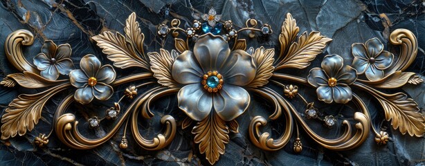 Baroque Style Ornate Floral Golden Decoration on Marble.