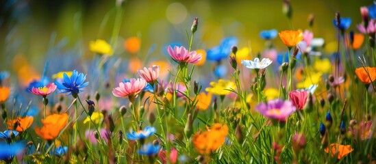 A field bursting with a variety of colorful flowers, including chamomile, and lush green grass as far as the eye can see. The scene is alive with movement as the flowers sway gently in the breeze.