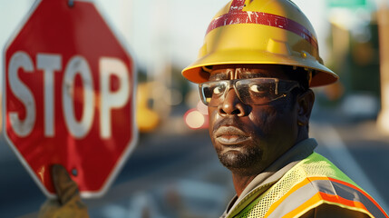 A compelling close-up photography captures the steadfast gaze of a construction worker as he meticulously holds a stop sign, managing the flow of vehicles at a roadwork site