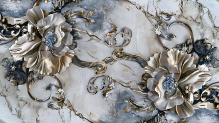 Baroque Style Ornate Floral Golden Decoration on Marble.