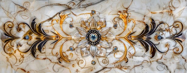 Baroque Style Ornate Floral Golden Decoration on Marble. - obrazy, fototapety, plakaty