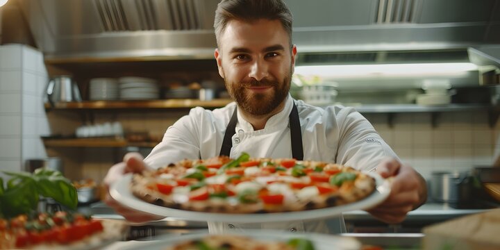 Smiling chef proudly presents fresh homemade pizza in a modern restaurant kitchen. culinary delights by professional. AI