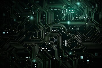 Fototapeta premium Against a dark canvas, an intricate circuit board showcases gold and copper lines, creating a futuristic ambiance—a captivating circuit board background. Created with generative AI tools