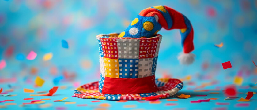 Festive Clown Hat Amidst Colorful Confetti. April Fool's Day Celebration.