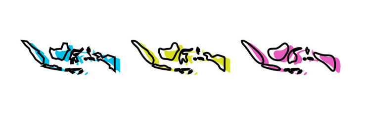 Indonesia country black outline and colored country silhouettes in three different levels of smoothness. Simplified maps. Vector icons isolated on white background.