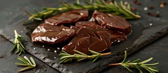 Close-up view of succulent beef liver placed on a rosemary branch on a plate. The dish is enhanced by the aromatic presence of rosemary.