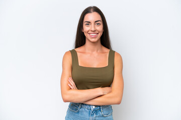 Young caucasian woman isolated on white background keeping the arms crossed in frontal position