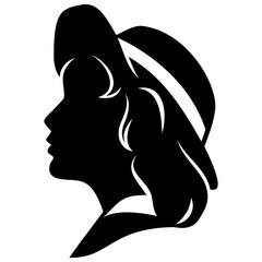 Head of cute Girl in hat. Silhouette for avatars, user profiles. Designed to good fit in square and circle. Vector clipart isolated on white.