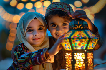 A joyful young girl and boy are playing with a Ramadan lantern. - obrazy, fototapety, plakaty