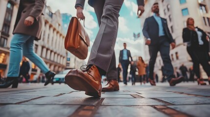 Close Up Leg Shot of a Businessman in a Suit Commuting to the Office on Foot. He's Carrying a Leather Case. Other Managers and Business People Walk Nearby. Cloudy Day on a Downtown Street.