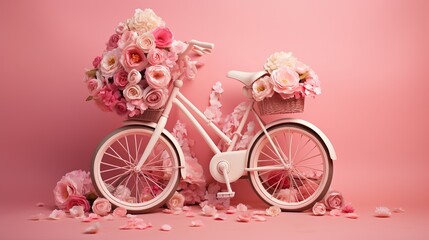 Glamorous pink bicycle with flower basket on pink background. Generative AI