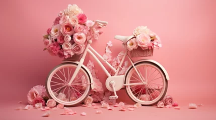 Fototapeten Glamorous pink bicycle with flower basket on pink background. Generative AI © Stanislava