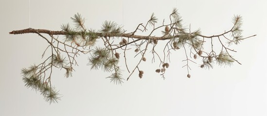 A branch adorned with dried pine cones, showcasing natures beauty in a simple yet elegant display. The pine cones hang gracefully, adding a touch of natural decor to the surroundings.