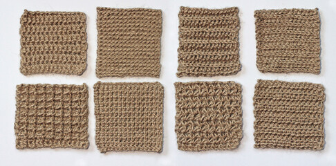 Jute crochet options. 8 knitted patterns on a white background