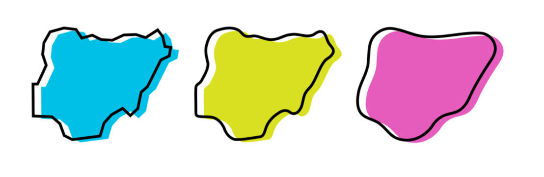 Nigeria country black outline and colored country silhouettes in three different levels of smoothness. Simplified maps. Vector icons isolated on white background.