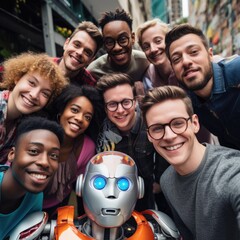 An inclusive selfie featuring a robot with humans of various ethnicities