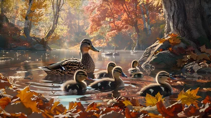 Gordijnen A family of ducks leisurely swimming amidst a backdrop of crimson, amber, and gold foliage, creating a picturesque scene of autumn tranquility © Muhammad