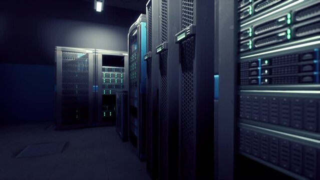 Shot of Corridor in Working Data Center Full of Rack Servers and Supercomputers