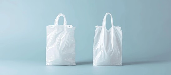 Two white plastic bags are placed side by side on a vibrant blue background. The bags are simple, yet versatile, stylish, and durable.