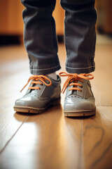 Modern Style, Retro Vibes: One Person Standing on Wooden Floor with Brown Leather Sneakers