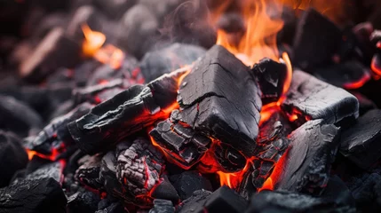  Burning firewood and coals of a fire close up. Background for grilled food with fire. © petrrgoskov