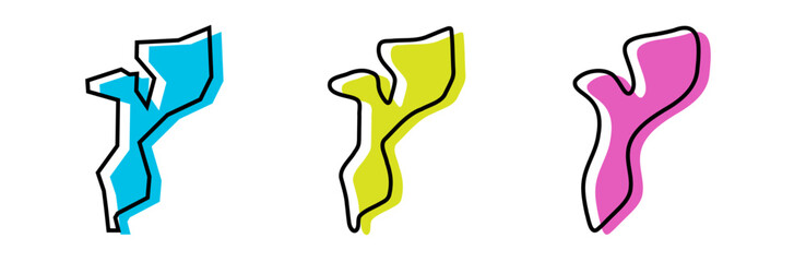 Mozambique country black outline and colored country silhouettes in three different levels of smoothness. Simplified maps. Vector icons isolated on white background.