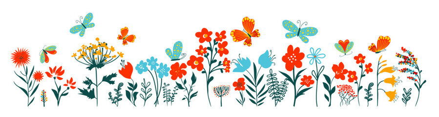 Horizontal grass headers. Cute simple flowers and butterflies in the grass. hand drawing. Not AI, Vector illustration.