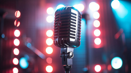 Fototapeta na wymiar Studio microphone over bokeh background. Podcast, concert, show, stand up concept