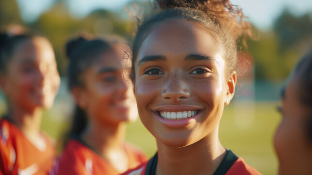 A smiling young female football player with her teammates in soft focus behind her