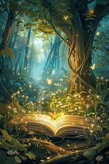 fantasy illustration. a unique book opens the gates to magical worlds where talking animals, glowing forests and mysterious adventures are waiting to be discovered - obrazy, fototapety, plakaty